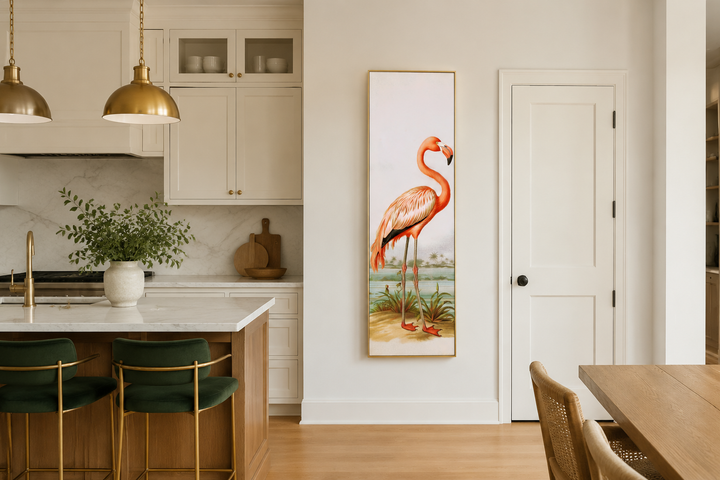 Tall narrow vertical framed canvas wall art featuring a vintage-style pink flamingo painting.