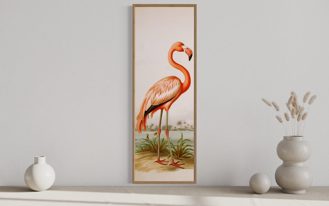 Tall Narrow Vintage Flamingo Vertical Framed Canvas Wall Art