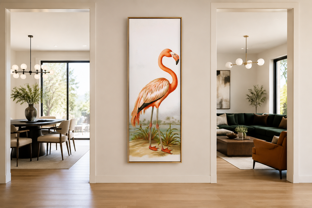 Tall narrow vertical framed canvas wall art featuring a vintage-style flamingo on a neutral wall.
