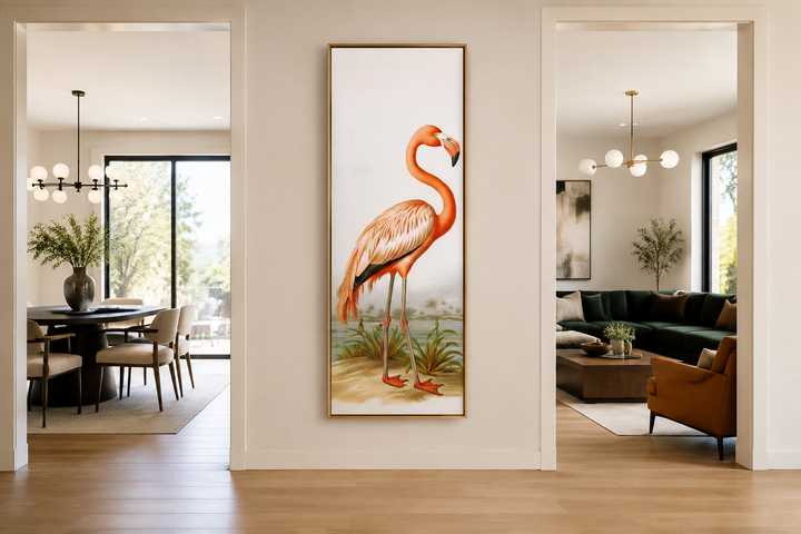 Tall narrow vertical framed canvas wall art featuring a vintage-style flamingo on a neutral wall.