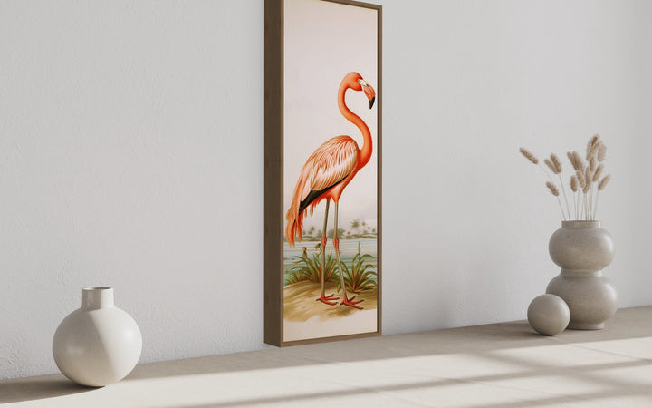 Tall Narrow Vintage Flamingo Vertical Framed Canvas Wall Art