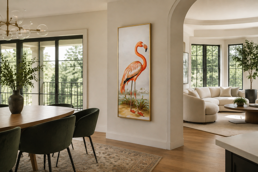 Tall narrow vertical framed canvas wall art featuring a vintage-style flamingo in a gold frame.
