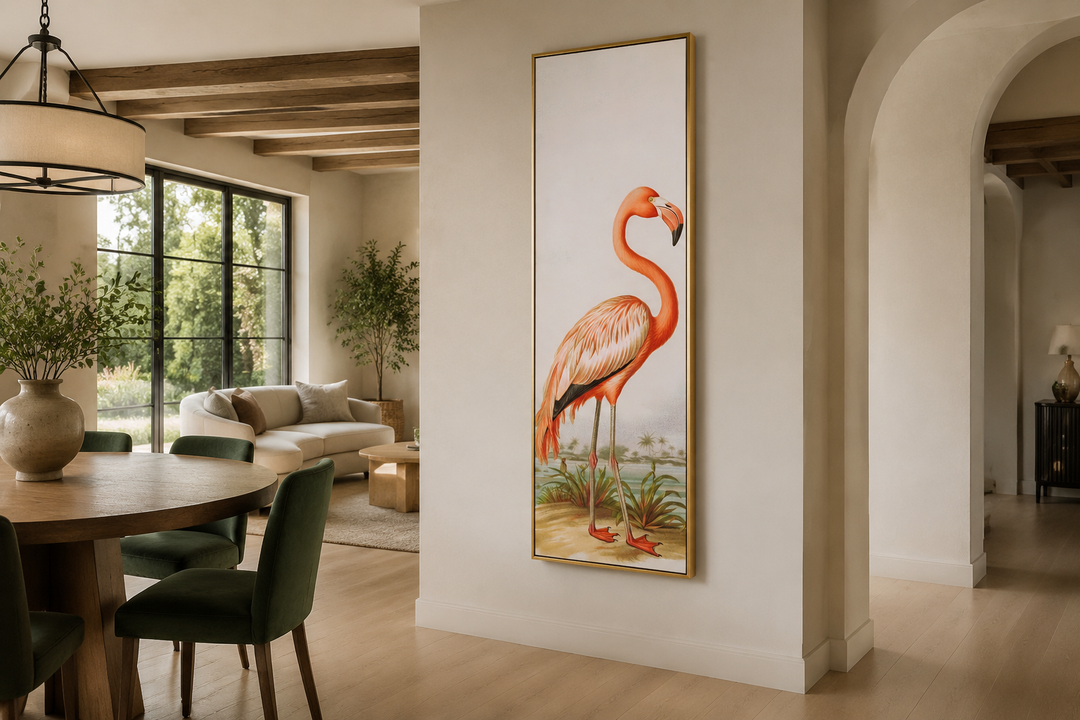Tall narrow vertical framed canvas wall art featuring a vintage-style flamingo in a gold frame.