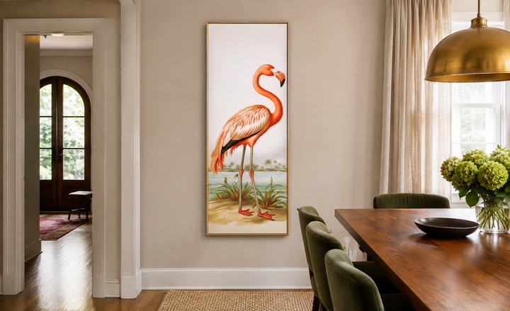 Tall narrow vertical framed canvas wall art featuring a vintage-style flamingo in a dining room.