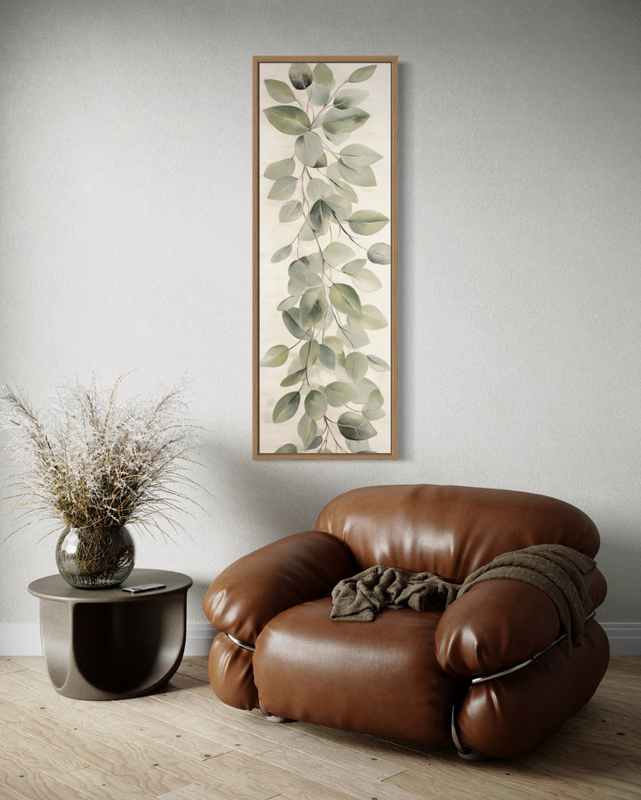 Tall Narrow Vintage Leaves Sage Green Beige Framed Canvas Wall Art