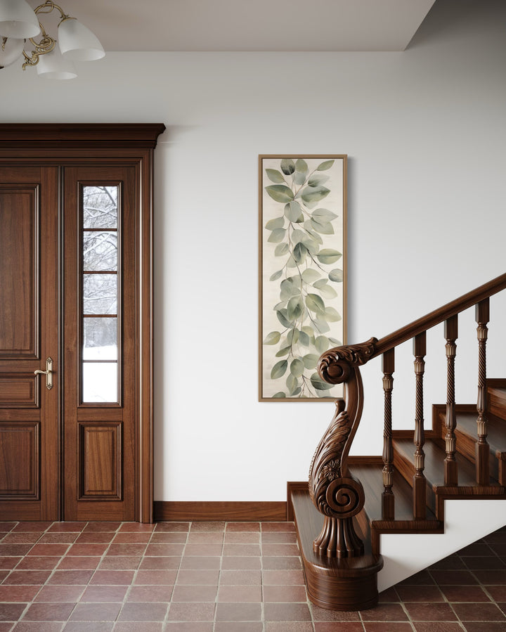 Tall Narrow Vintage Leaves Sage Green Beige Framed Canvas Wall Art