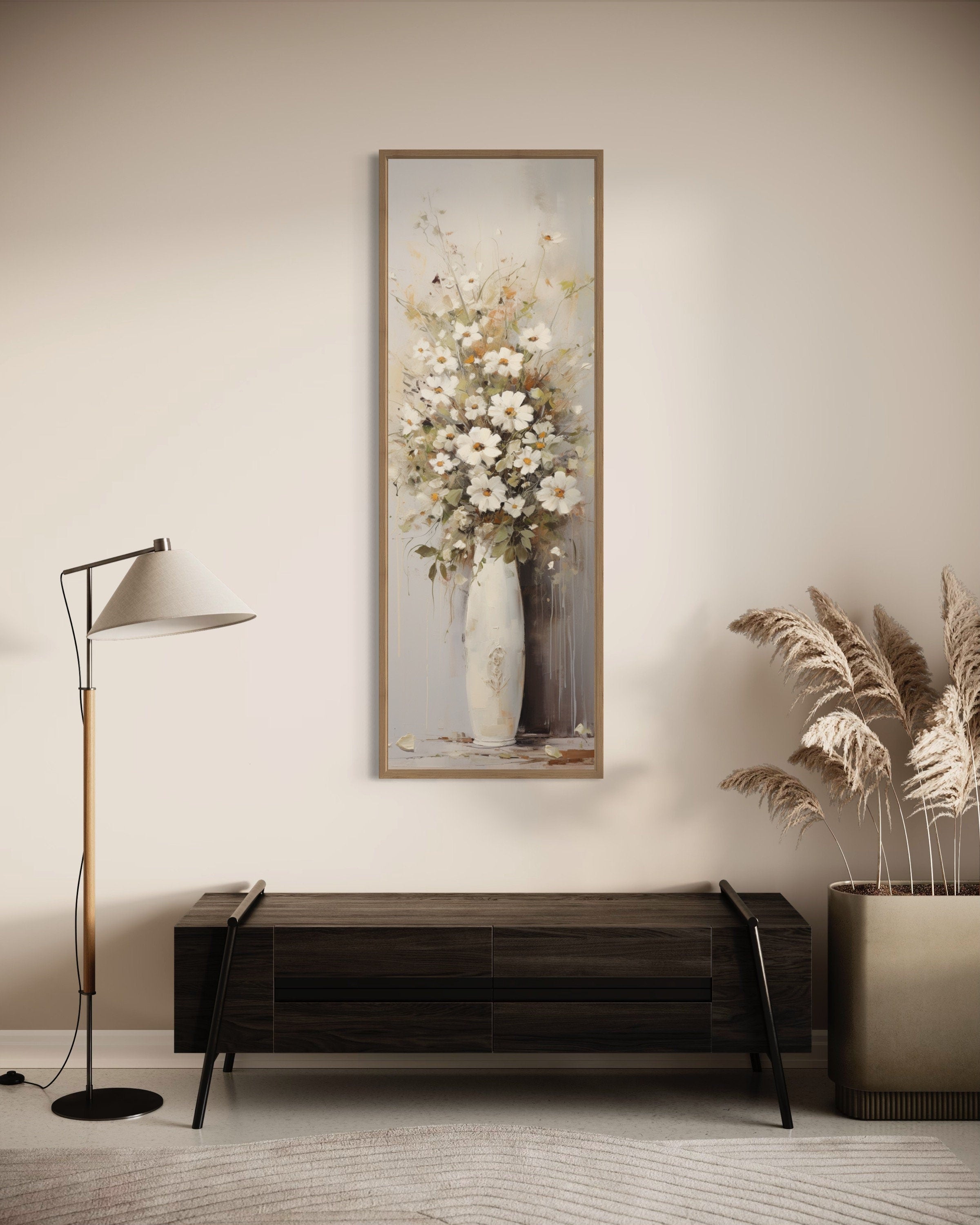 Tall Narrow White Wildflowers Canvas Wall Art | Farmhouse Decor