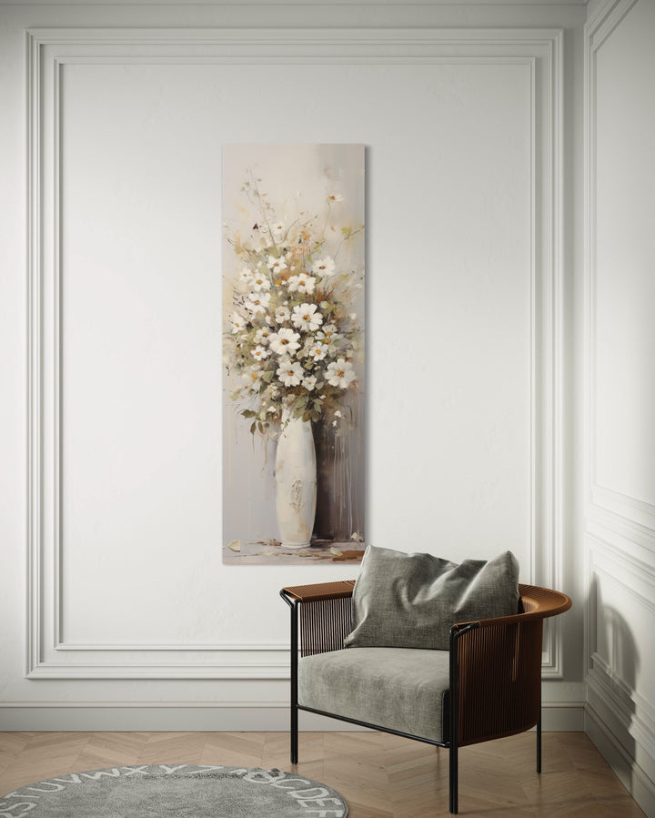 Tall Narrow White Wildflowers In Vase Farmhouse Vertical Framed Canvas Wall Art