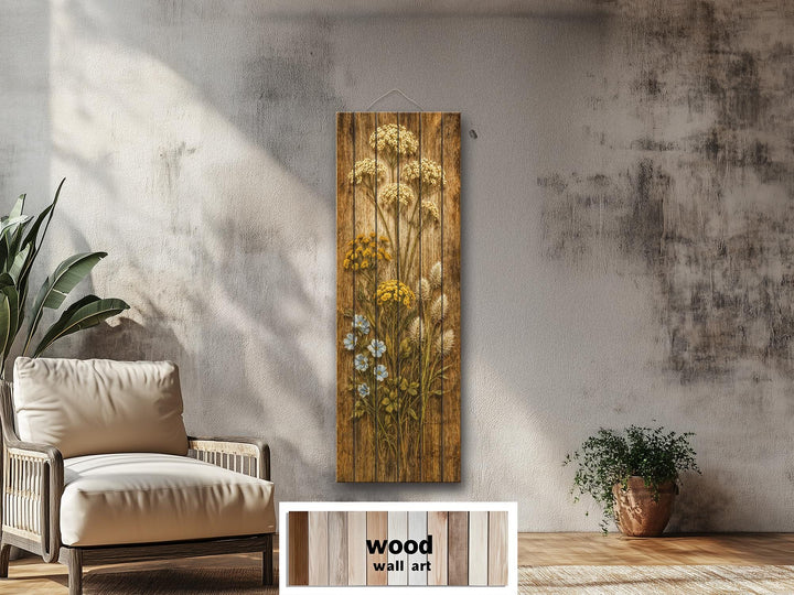 Tall narrow rustic wood wall art featuring a distressed wildflower print in a farmhouse setting.