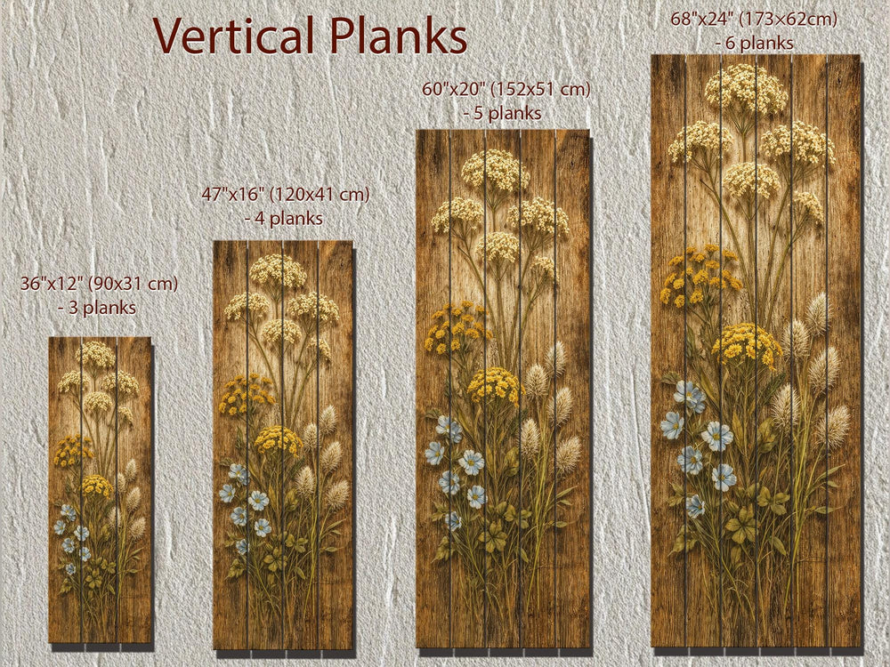 Tall narrow rustic wildflower prints on vertical wood planks in four different sizes.