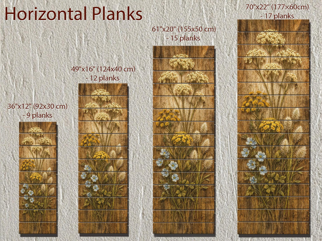 Tall narrow rustic wildflower prints on horizontal wood planks in four different sizes.