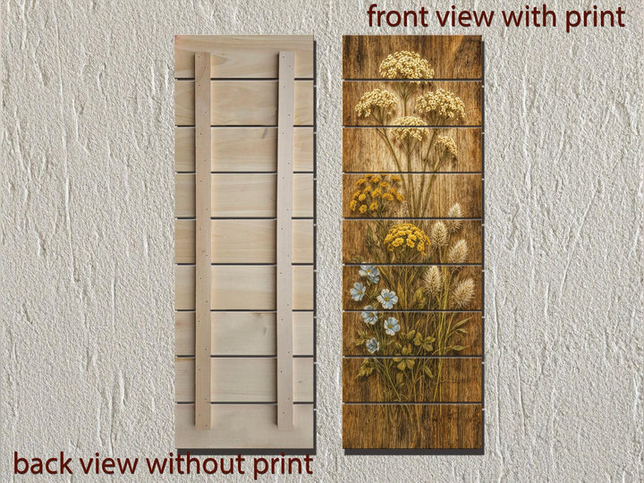 Tall narrow rustic wood wall art featuring a wildflower print with front and back views.