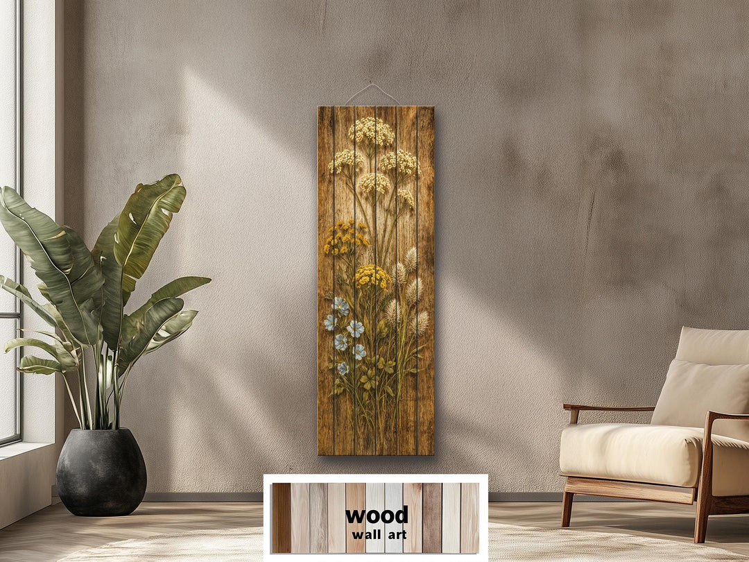 Tall narrow rustic wood panel wall art featuring a distressed wildflower and botanical print.