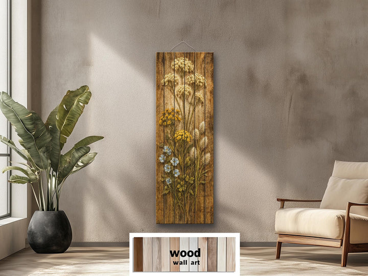 Tall narrow rustic wood panel wall art featuring a distressed wildflower and botanical print.