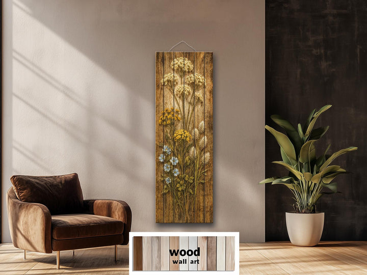 Tall narrow rustic wood panel wall art featuring a distressed wildflower and botanical print.