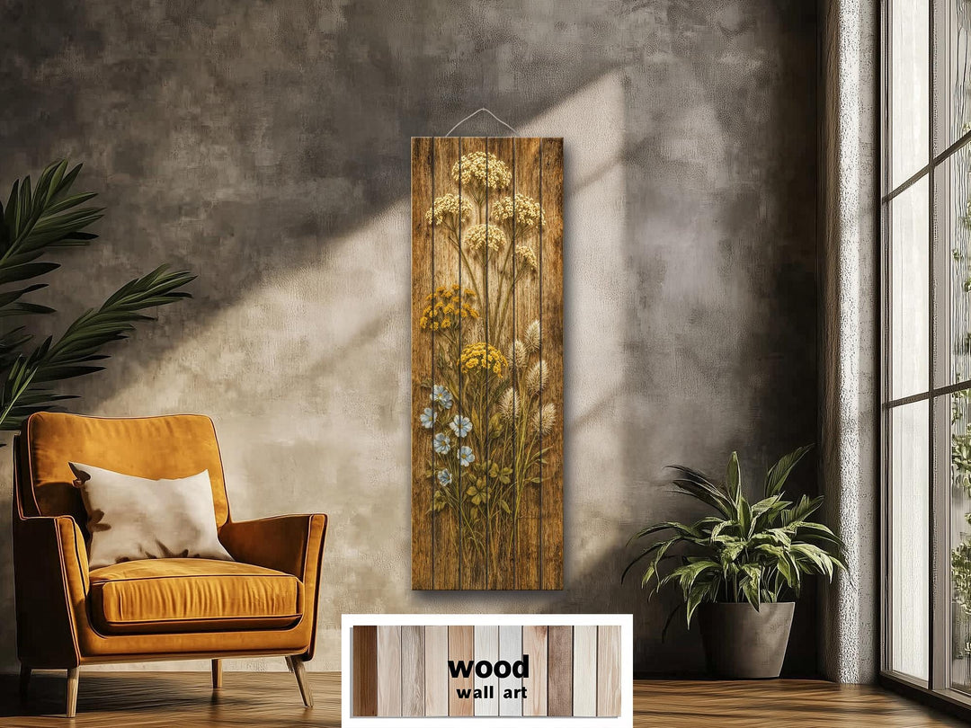 Tall narrow rustic wood panel wall art featuring a distressed wildflower and botanical print.