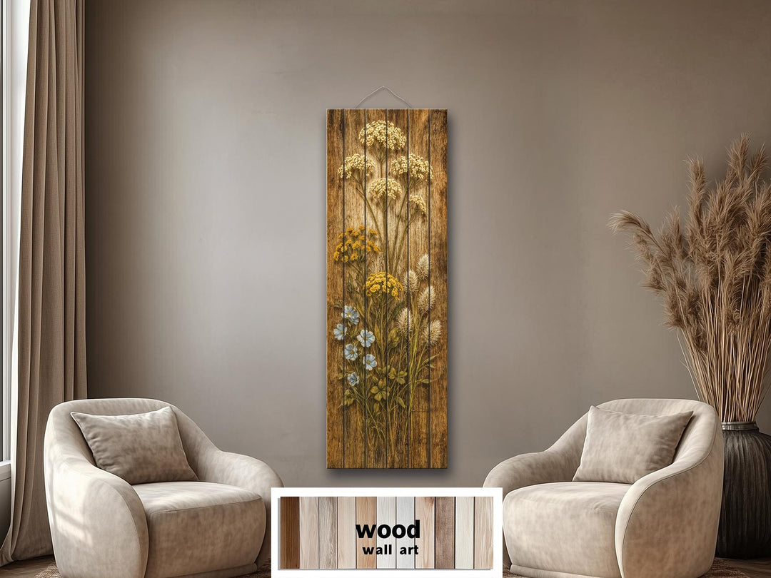 Tall narrow rustic wood wall art featuring a distressed wildflower print in a neutral living room.
