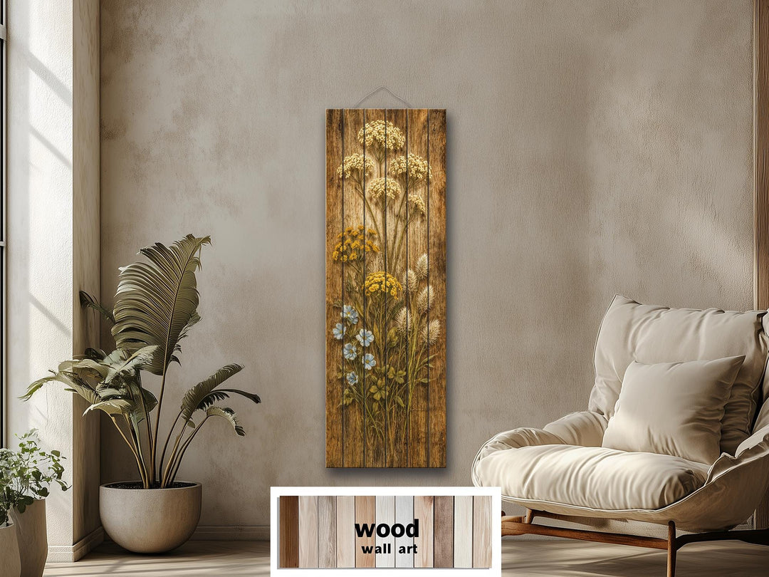 Tall narrow rustic wood wall art featuring a distressed wildflower print in a neutral living room.