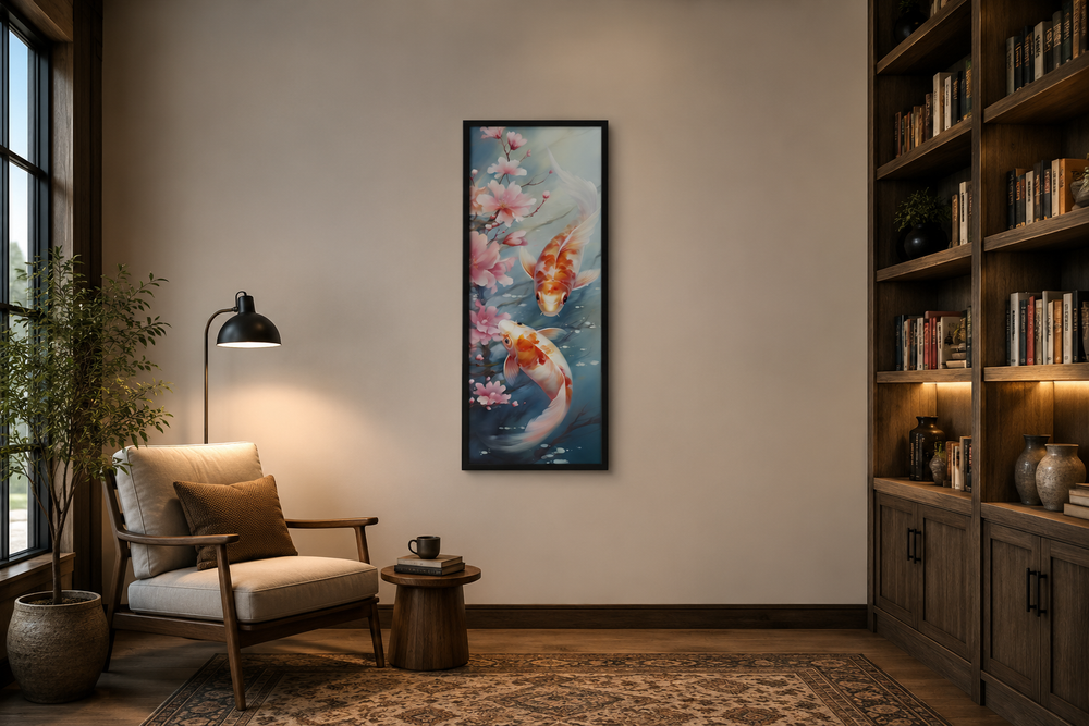 Tall narrow vertical framed canvas wall art of koi fish and cherry blossoms in a cozy room setting.