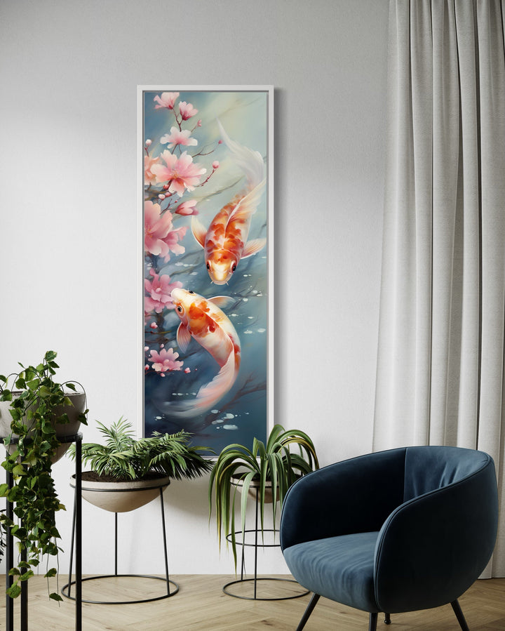 Tall Narrow Zen Koi Fish Vertical Framed Canvas Wall Art