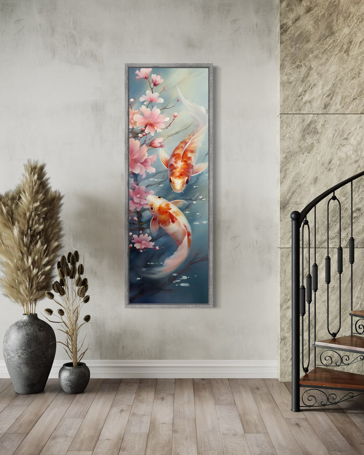 Tall Narrow Zen Koi Fish Vertical Framed Canvas Wall Art