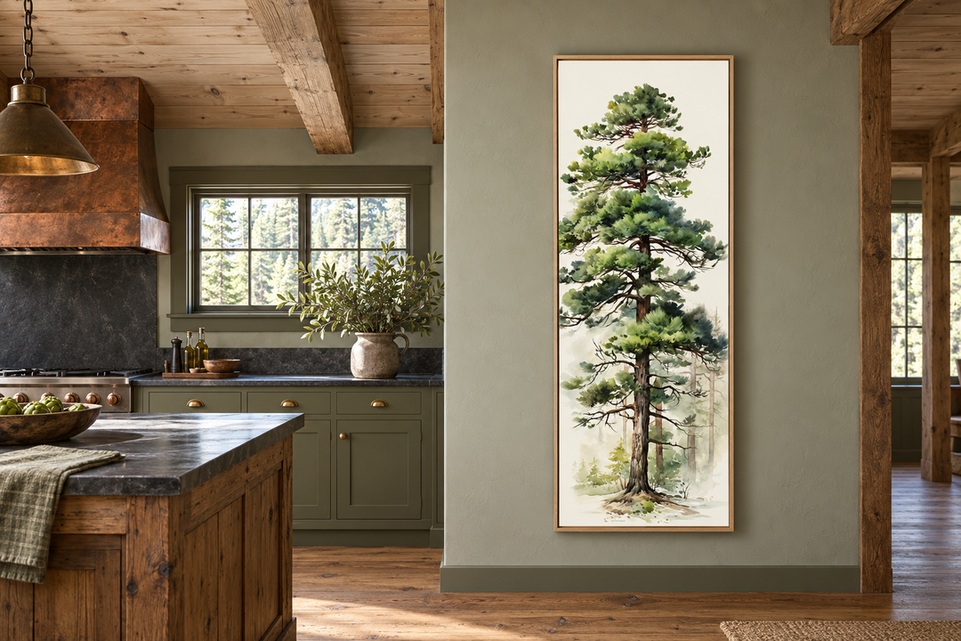 Tall Pine Tree Narrow Vertical Canvas Wall Art in a rustic kitchen with green cabinets.
