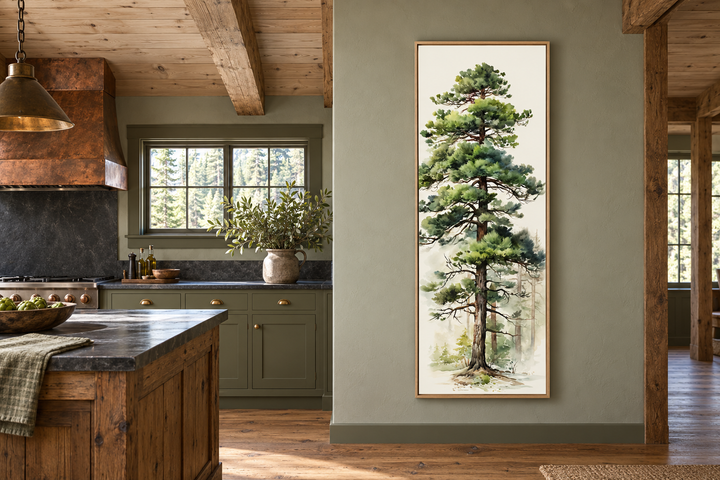Tall Pine Tree Narrow Vertical Canvas Wall Art in a rustic kitchen with green cabinets.