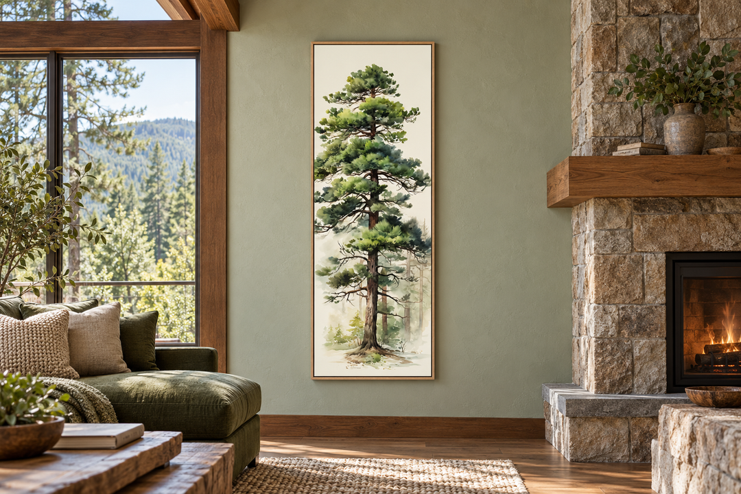 Tall Pine Tree Narrow Vertical Canvas Wall Art in an oak frame on a green wall in a rustic room.