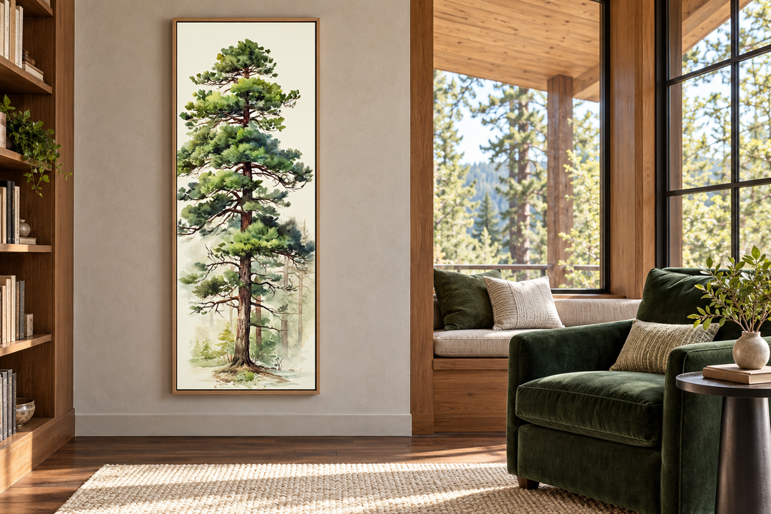 Tall Pine Tree Narrow Vertical Canvas Wall Art in an oak frame hanging in a cozy reading room.