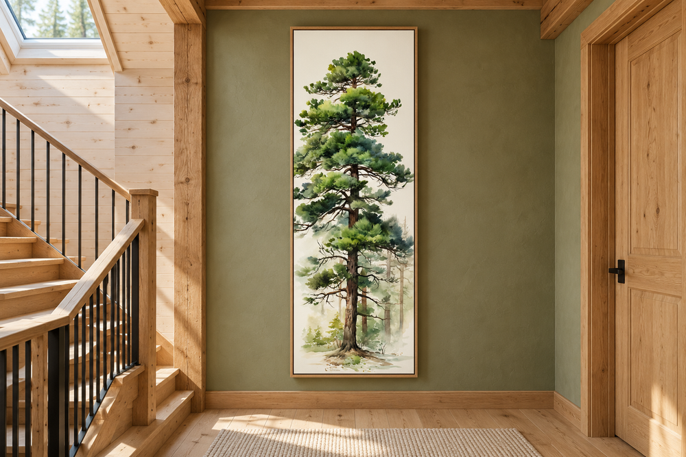 Tall pine tree narrow vertical canvas wall art in a wood frame on a green wall by a staircase.