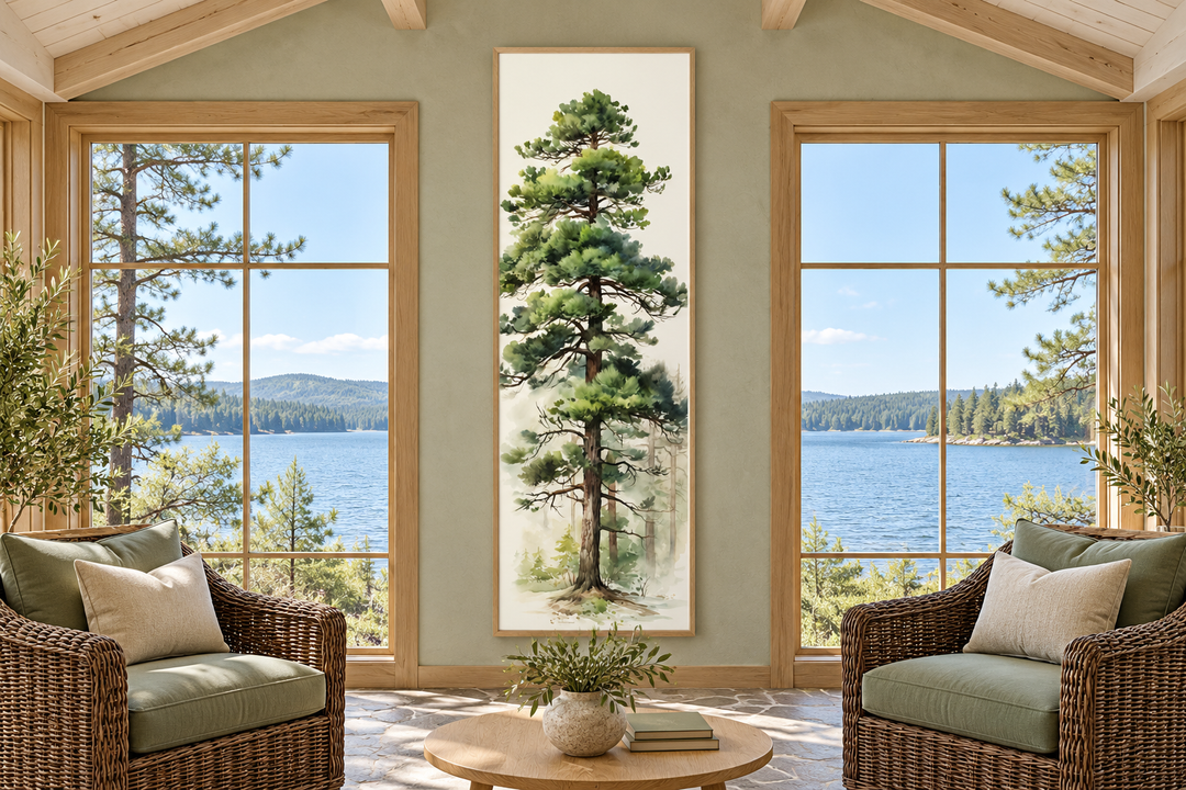 Tall pine tree narrow vertical canvas wall art in a light wood frame between two large windows.