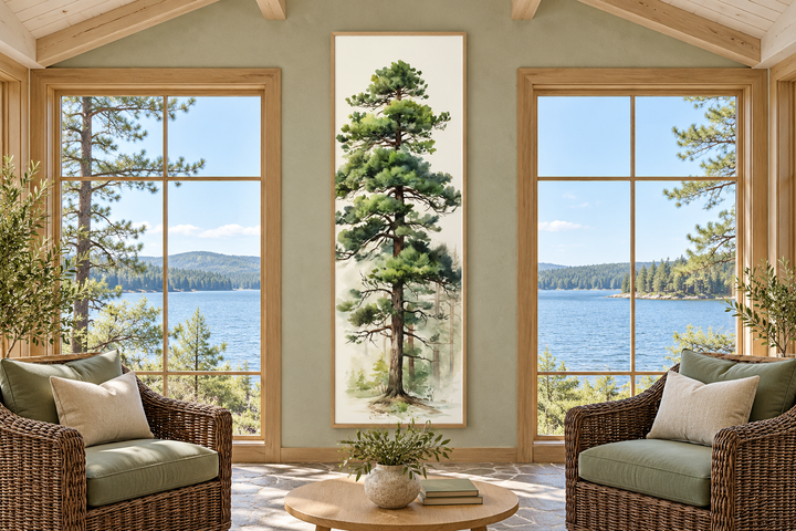 Tall pine tree narrow vertical canvas wall art in a light wood frame between two large windows.