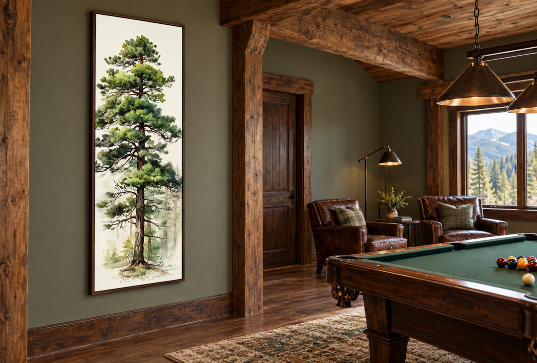 Tall Pine Tree Narrow Vertical Canvas Wall Art in a walnut frame on a green wall in a rustic room.