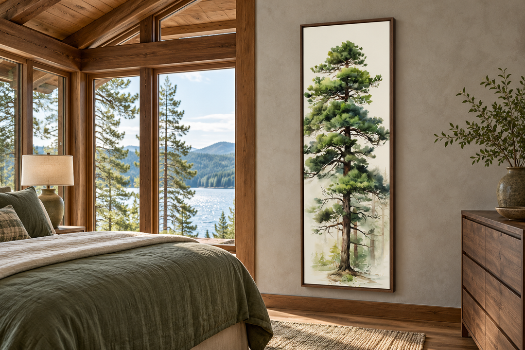 Tall Pine Tree Narrow Vertical Canvas Wall Art in a walnut frame hanging in a rustic bedroom.