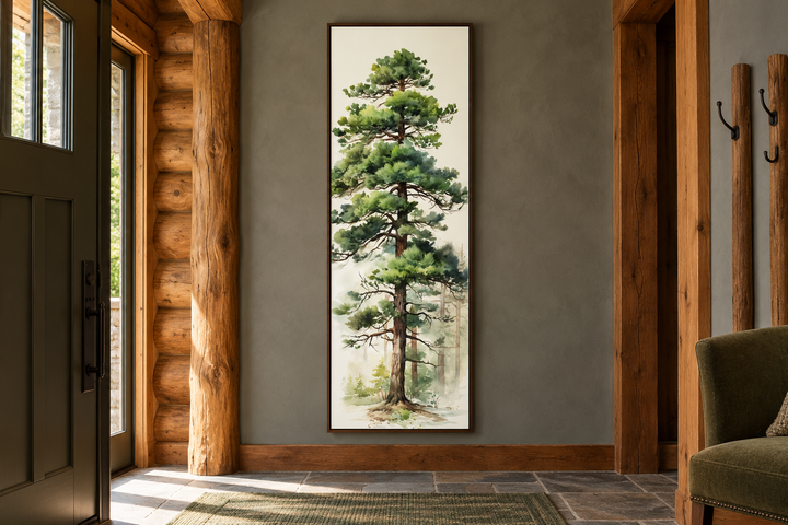 Tall pine tree narrow vertical canvas wall art in a walnut frame hanging in a rustic log cabin foyer