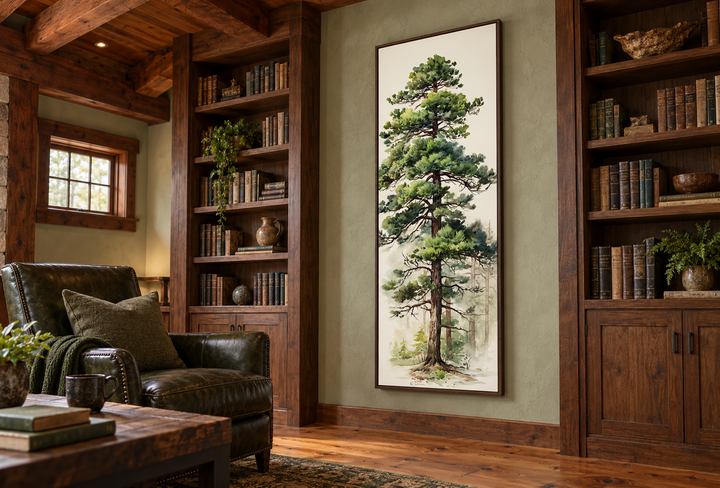 Tall Pine Tree Narrow Vertical Canvas Wall Art in a walnut frame on a green wall in a rustic library.
