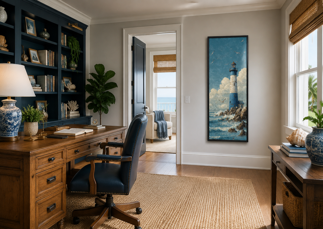 Tall slim lighthouse canvas wall art in a vertical narrow nautical coastal painting style.