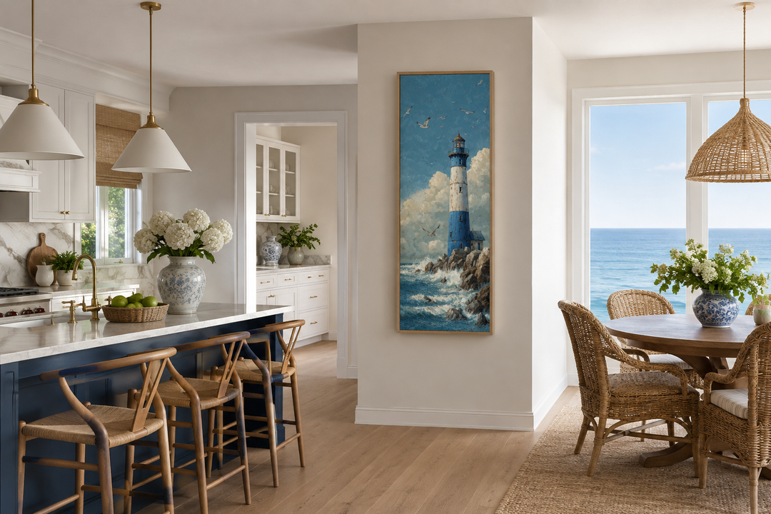 Tall slim lighthouse canvas wall art in a vertical narrow format on a coastal home wall.