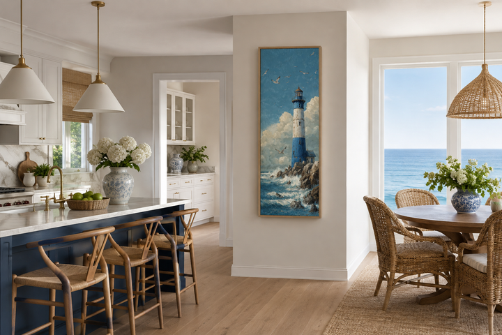 Tall slim lighthouse canvas wall art in a vertical narrow format on a coastal home wall.