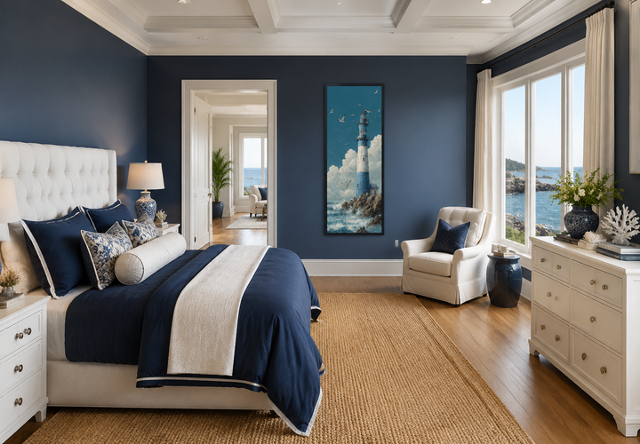 Tall slim lighthouse canvas wall art in a navy blue bedroom with coastal decor.