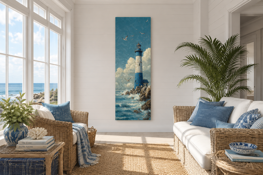 Tall slim lighthouse canvas wall art in a coastal living room with wicker furniture and ocean views.