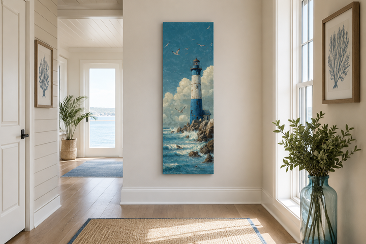 Tall slim lighthouse canvas wall art in a vertical narrow nautical painting for a beach house.