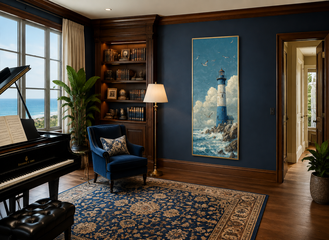 Tall slim lighthouse canvas wall art in a vertical narrow format on a dark blue wall.