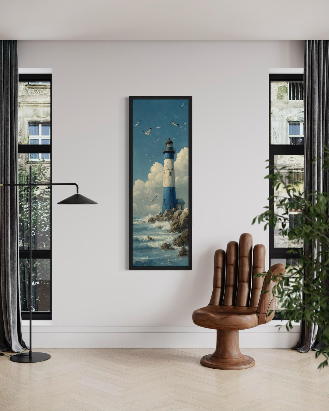 Tall slim lighthouse canvas wall art in a vertical narrow frame on a white wall in a modern room.
