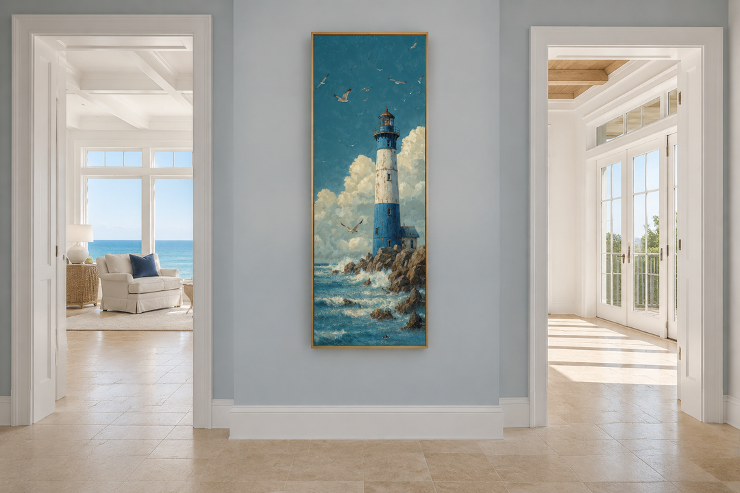 Tall slim lighthouse canvas wall art in a vertical narrow nautical painting style for beach houses.