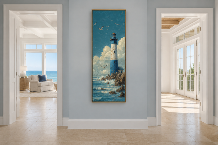Tall slim lighthouse canvas wall art in a vertical narrow nautical painting style for beach houses.