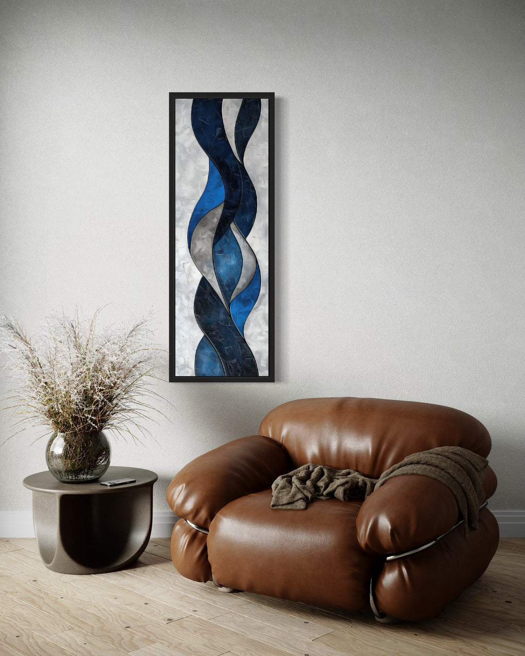 Tall Thin Vertical Navy Blue Grey Geometric Abstract Framed Canvas Wall Art