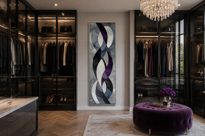 Tall vertical abstract canvas art with purple, grey, and white flowing geometric shapes in a closet.