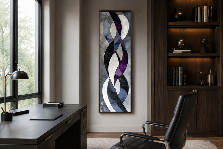 Tall vertical framed canvas art with purple, lavender, and grey abstract geometric flowing shapes.