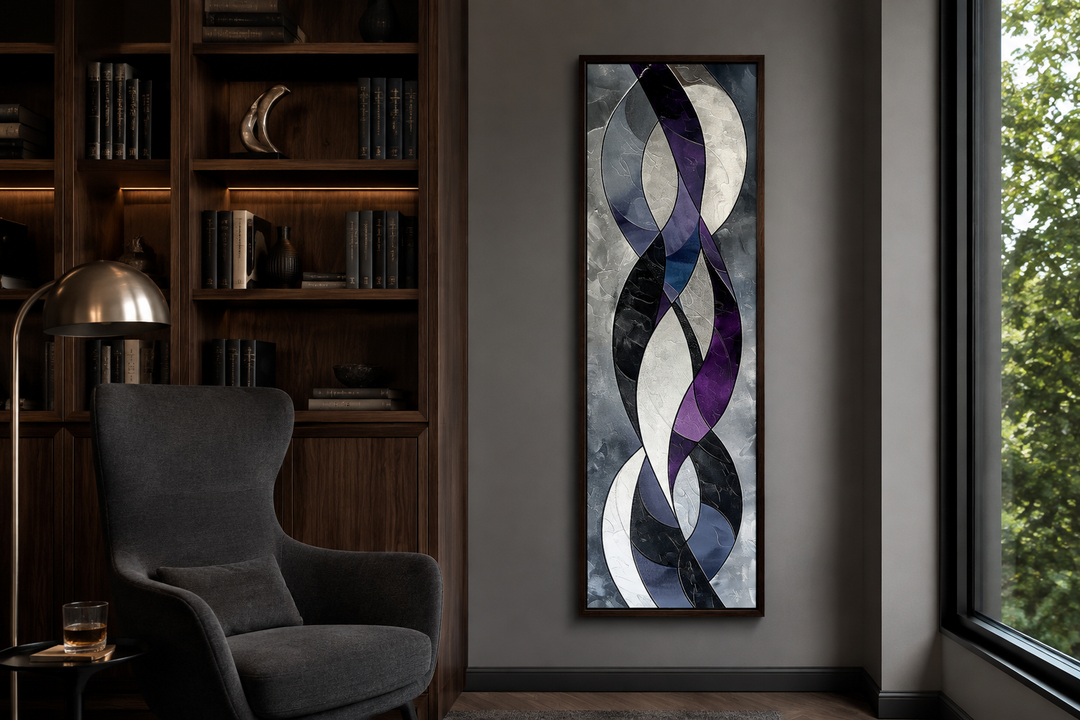 Tall thin vertical framed canvas wall art with purple, lavender, and grey geometric abstract shapes.